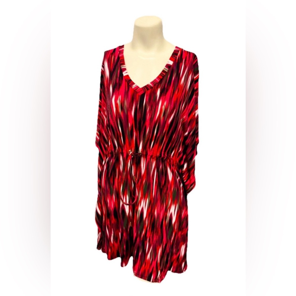 Calvin Klein Red Abstract Print Dress Size 6 V-Neck Drawstring Waist
